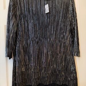 New CJ Banks Metallic Pleated layered Tunic Top silver & black 1X 3/4 sleeves